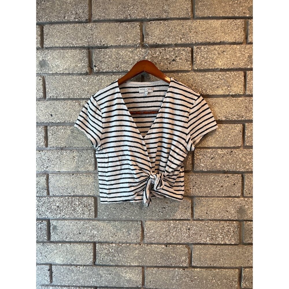 Striped Texture & Thread Madewell Medium Tie-Front Knit Top With Short Sleeves